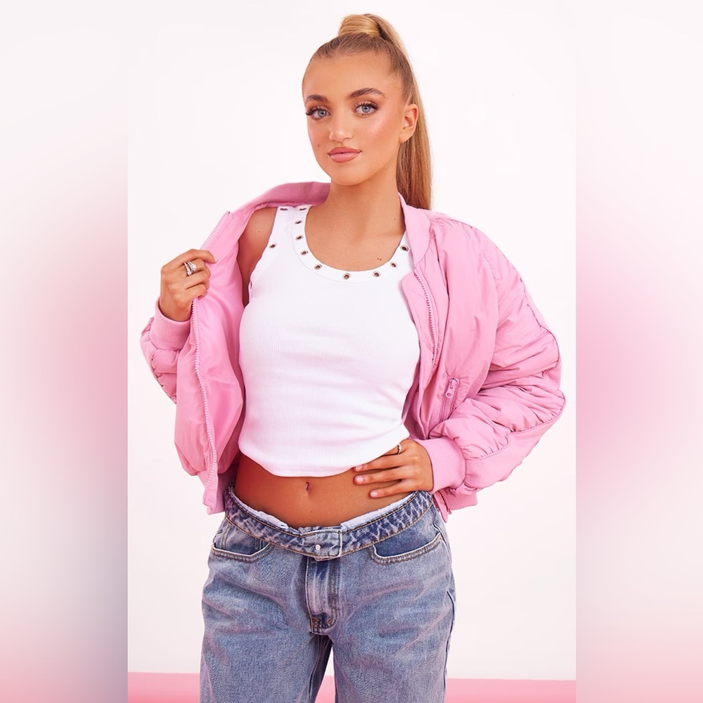 Pretty Little Thing Light Pink Ruched Taped Sleeve Cropped Jacket - Size 0 NWT